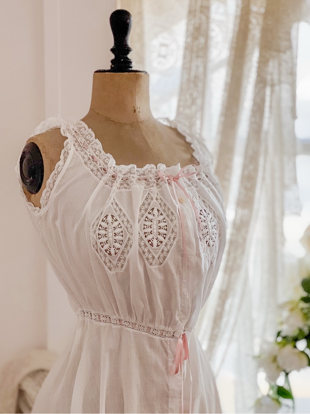 Edwardian White Lace Underdress with Pink Silk Ribbon Size XS - Picture 2 of 15